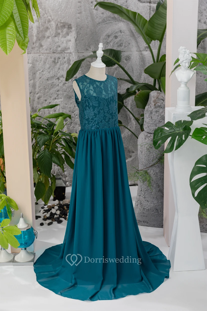 Scoop-neck Sleeveless Floor-length Ink Navy Flowergirl Dress with Lace Top view 8