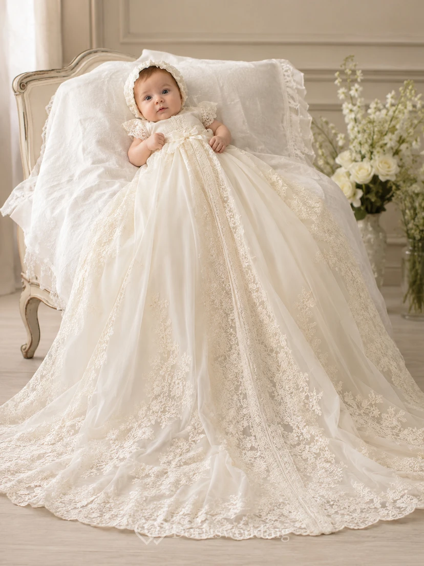 Vestido de gala de lujo para ceremonia de bautizo, largo hasta el suelo, cola de capilla, cuello joya, manga larga, tul, encaje, dobladillo bordado.
