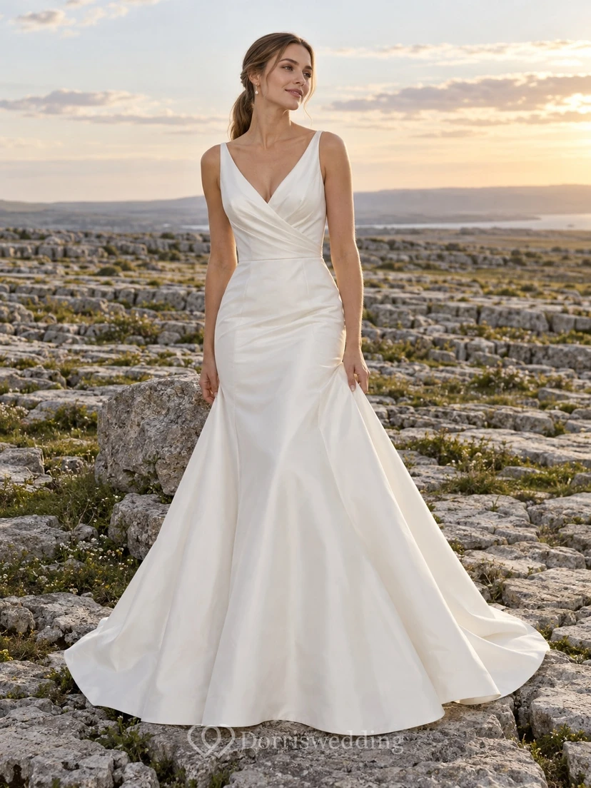 Vestido de novia sencillo de tafetán con escote en V, sin mangas, corte en A, fruncido y cola larga.