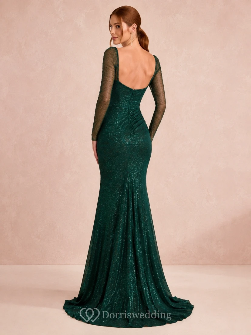 Dark Green Illusion Long Sleeve Sweetheart Slit Mermaid Dress view 2