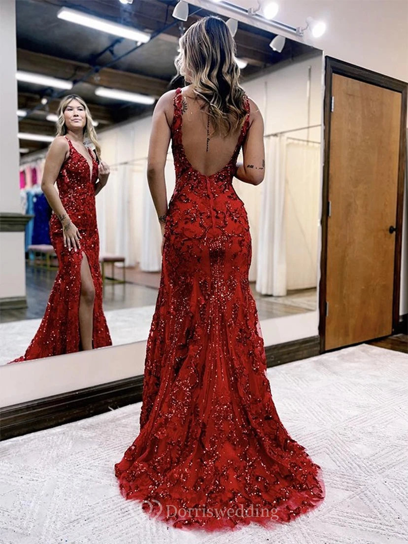 Sleeveless V-neck Dark Blue Front Split Beaded Prom Dress with Sequin view 4