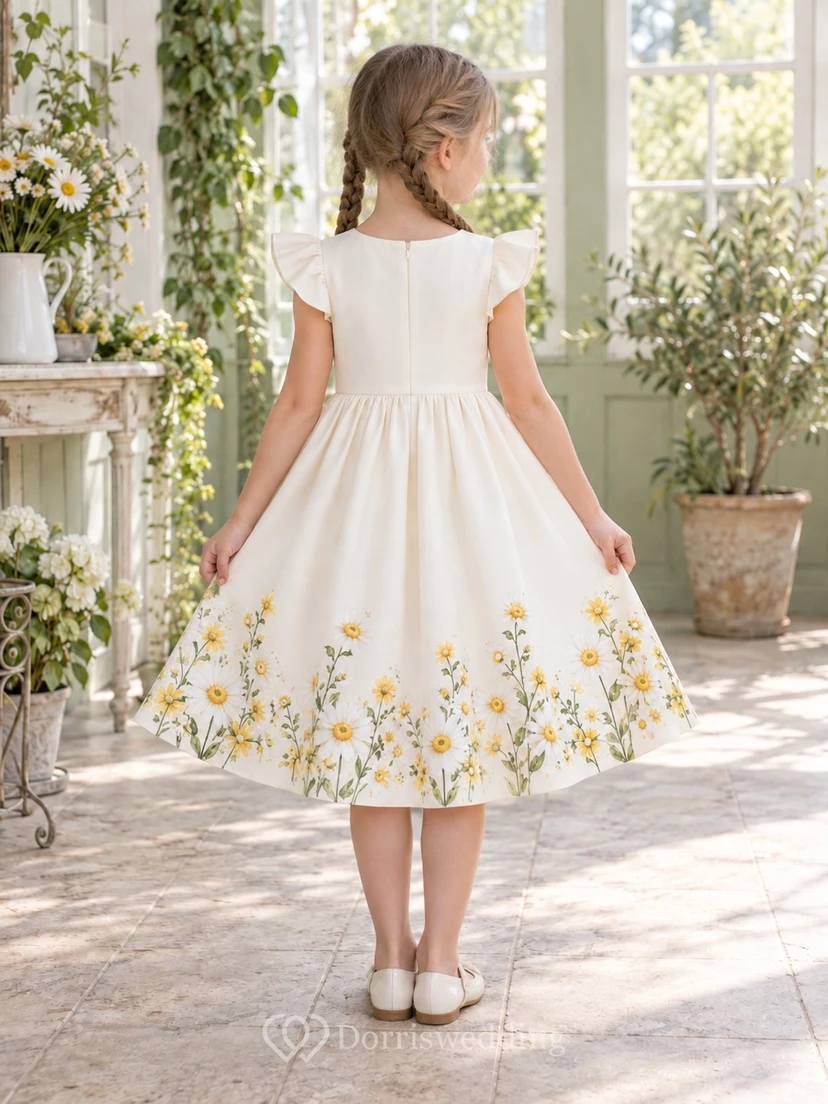 Modest Simple Ivory Tea-length Jewel Broad Flutter Sleeves Dense Daisy-Print Gathered A-line Flowergirl Dress view 2
