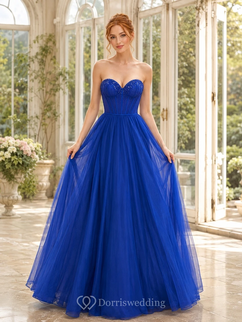 Royal Blue Strapless Sweetheart Tulle Ball Gown Prom Dress