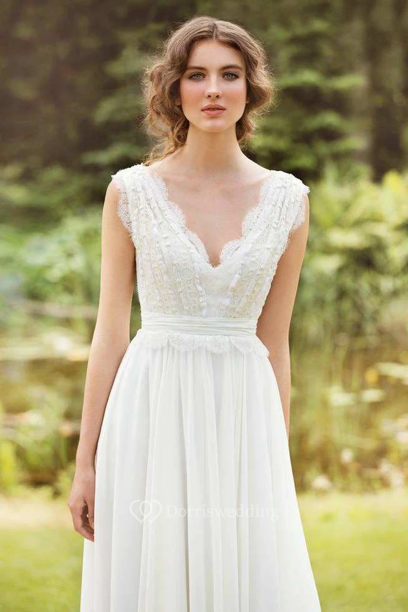 Plunged Sleeveless Chiffon Pleated Wedding Dress With Lace And Bow view 6