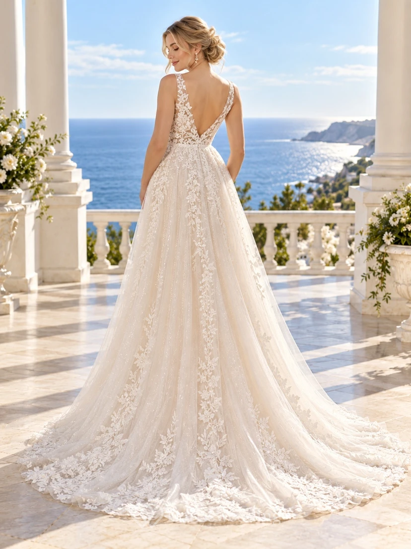 Maternity V-neck Sleeveless Floral Lace Tulle Empire Train Wedding Dress view 2