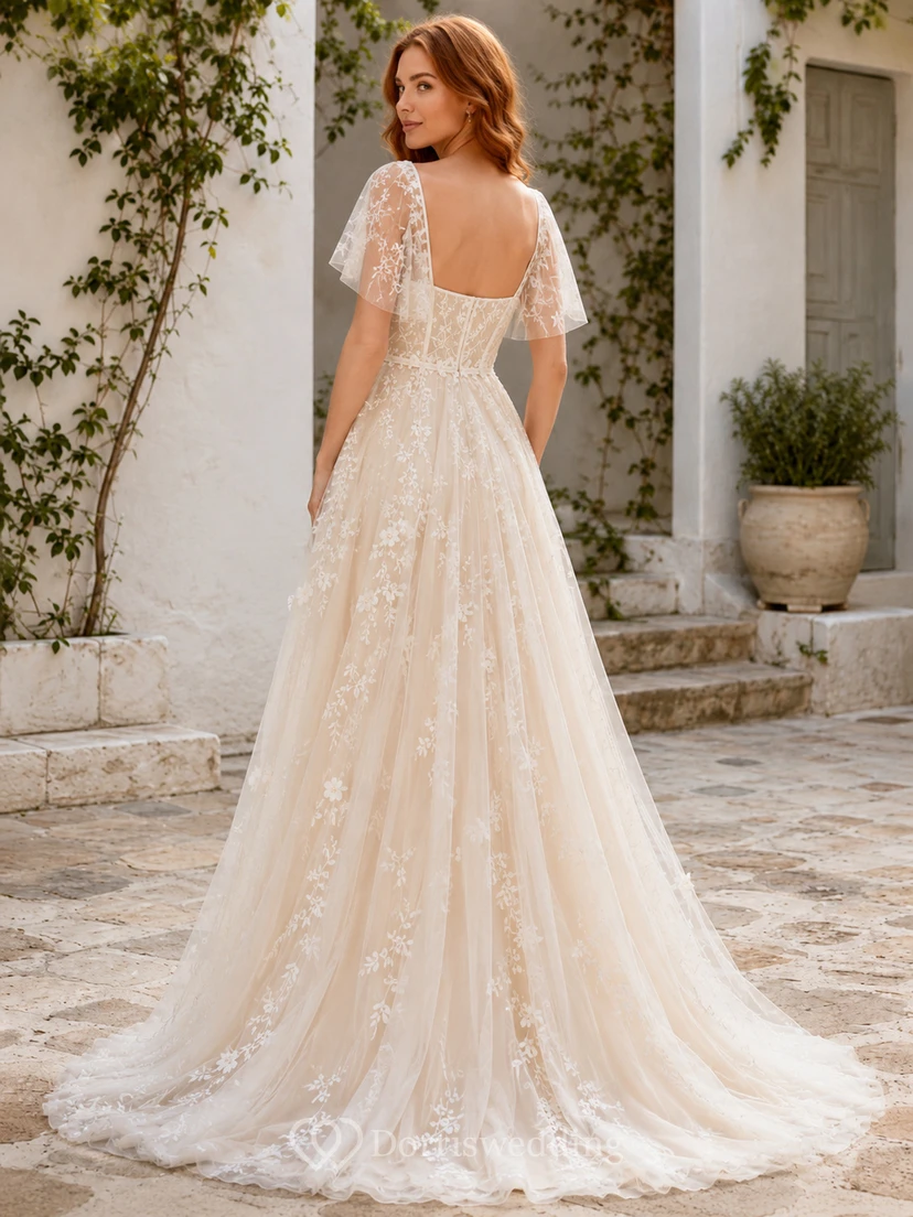 Lace Tulle Wedding Dress A-Line Square Neck Short Sleeve Sweep Train Applique Bridal Gown view 2