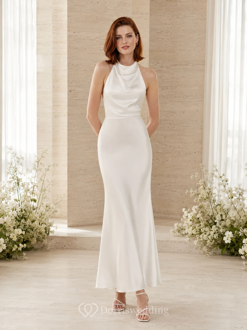 White halter cowl crepe ankle length sheath bridesmaid dress