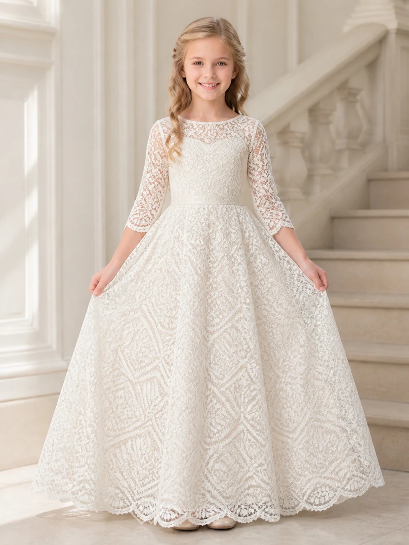 Modest Floor-length Ball Gown Scoop Three-quarter Sleeve Geometric Lace Flowergirl Dress