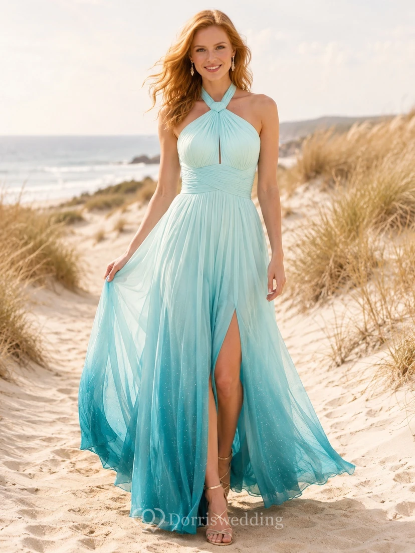 Turquoise Beach Halter Chiffon Split A-Line Floor-Length Evening Dress