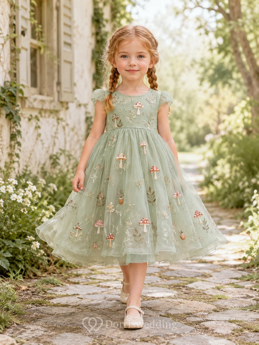 Sage Cap Sleeve A-Line Flower Girl Dress with Botanical Mushroom Applique Tea-Length Tulle Skirt