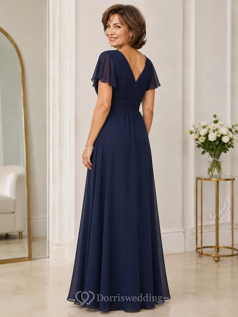 Dark Navy V Neck Chiffon Mother Gown Dark Navy V-neck A-Line Floor-length view 2