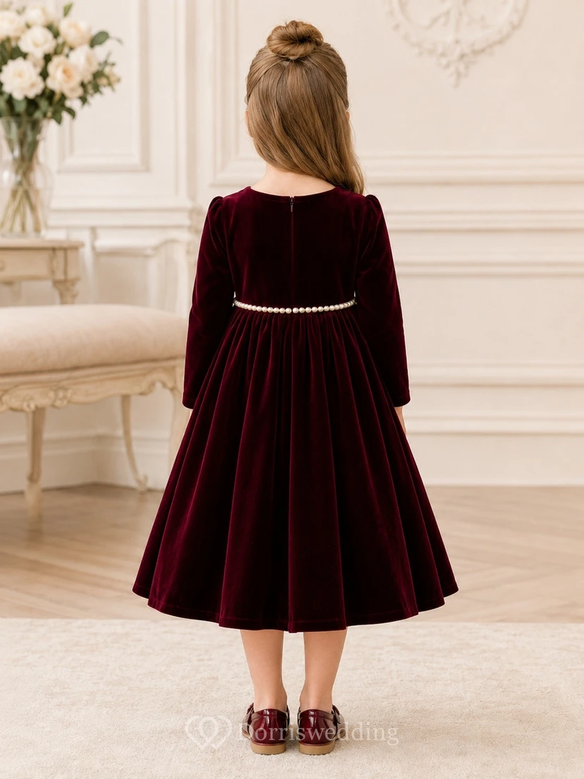 Burgundy Jewel Neck Long Sleeve Velvet Tea-Length Flowergirl Dress view 2
