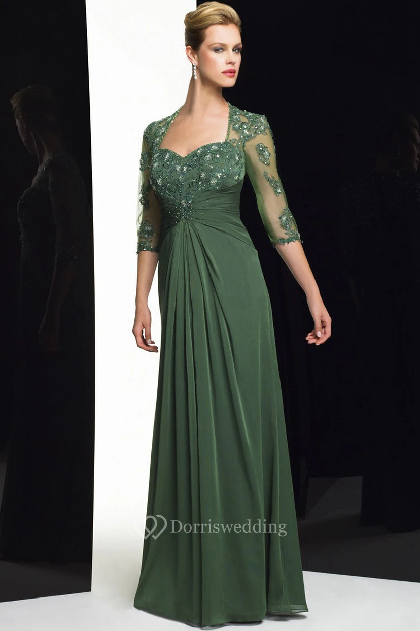 Sheath Floor-Length Sweetheart Beaded Half-Sleeve Chiffon Formal Dress With Appliques And Draping