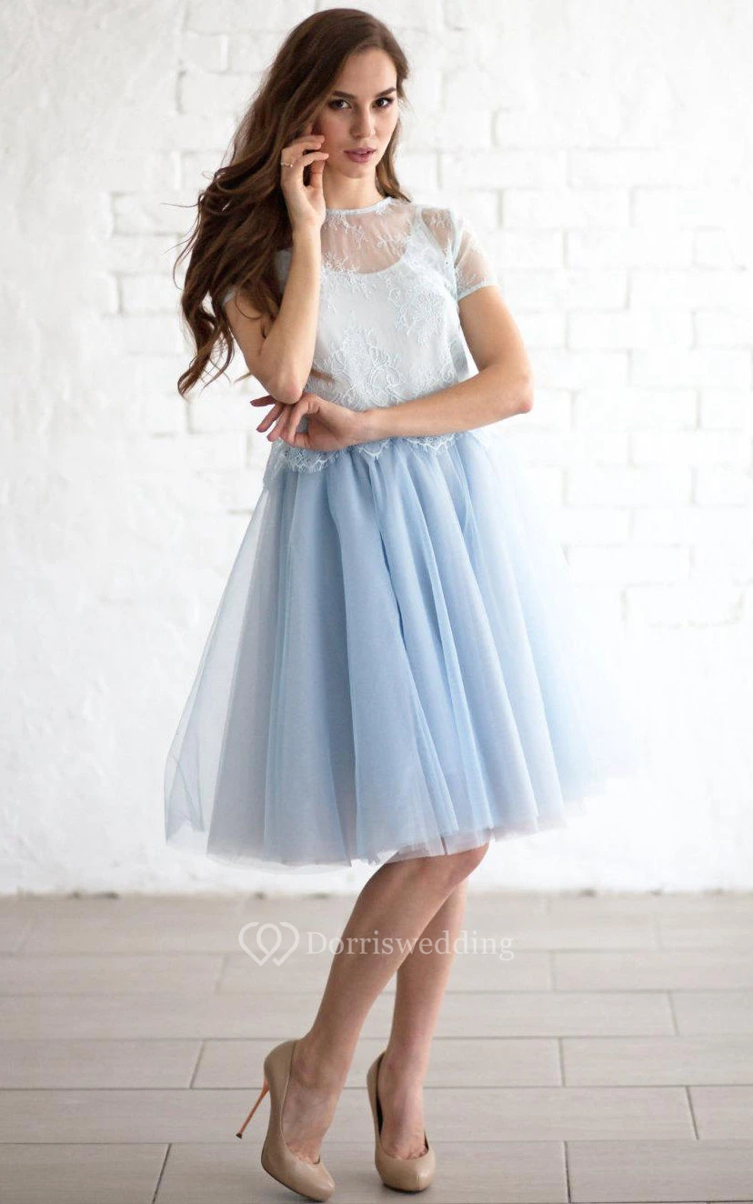 Jewel Neck Short Sleeve A-line Pleated Tulle Knee Length Dress Lace Top view 5