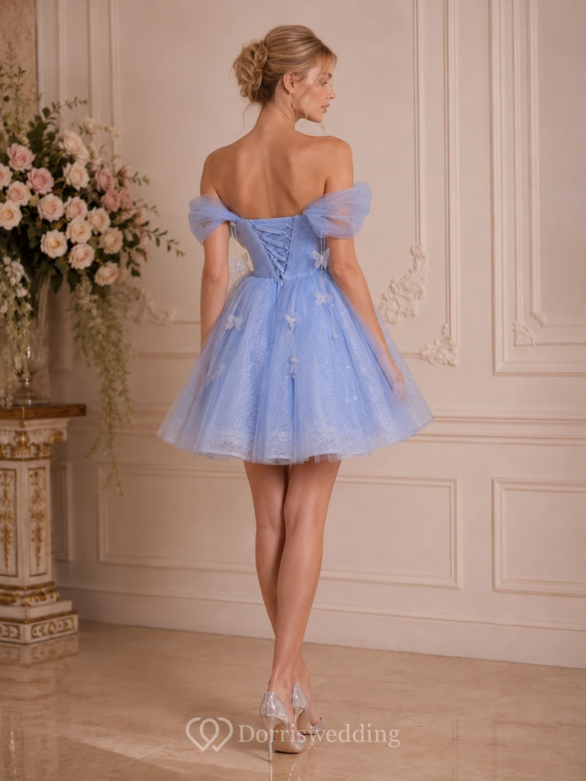 Sky Blue Off-the-Shoulder Tulle Dress with Lace view 2