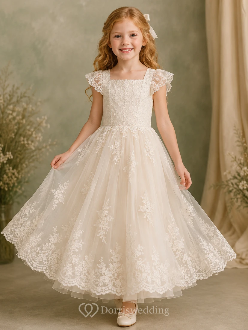 Flower Girl Dress Ivory Lace Tulle A-Line Jewel Neck Tea Length