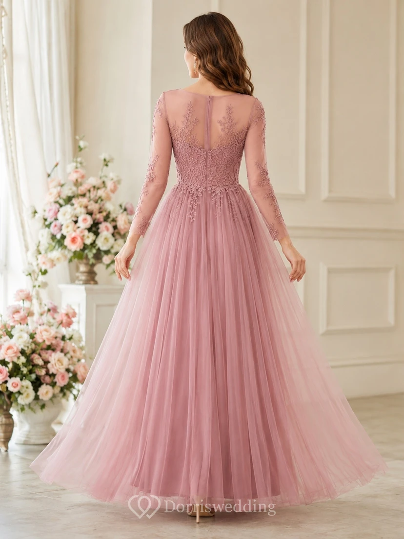 Dusty Rose Floral Lace Sleeveless Tulle Ball Gown Bridesmaid Dress view 2