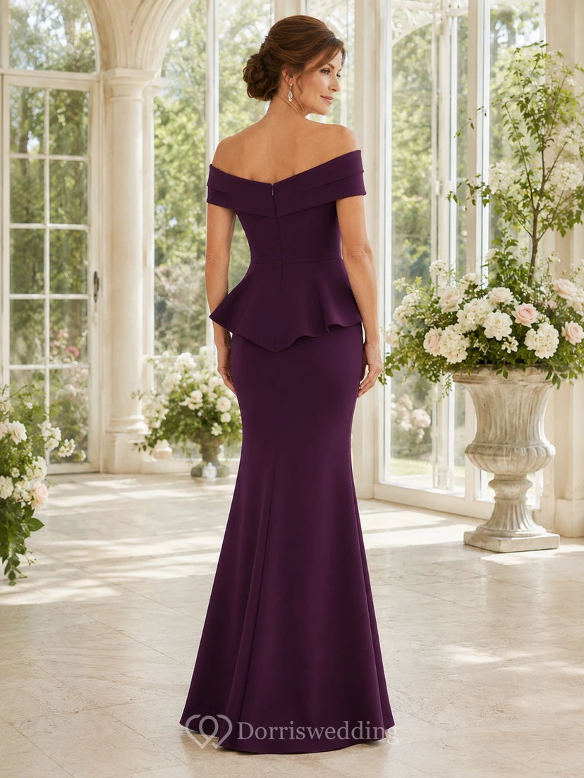 Plum Floor-Length Mermaid Luxury Mother of the Bride Evening Gown with Off-Shoulder Folded Neck and Sculpted Peplum view 2