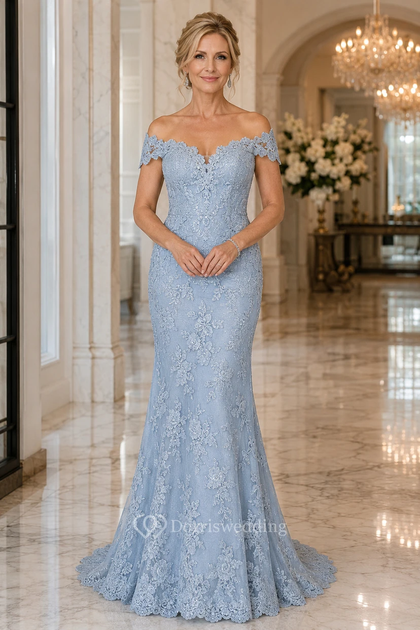 MOB-Kleid, himmelblau, Meerjungfrauenstil, kurze Ärmel, schulterfrei, Schleppe