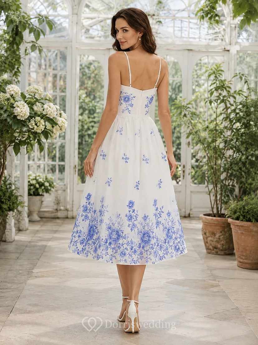White Blue Floral Sweetheart Spaghetti Strap Chiffon Tea Length Dress view 2