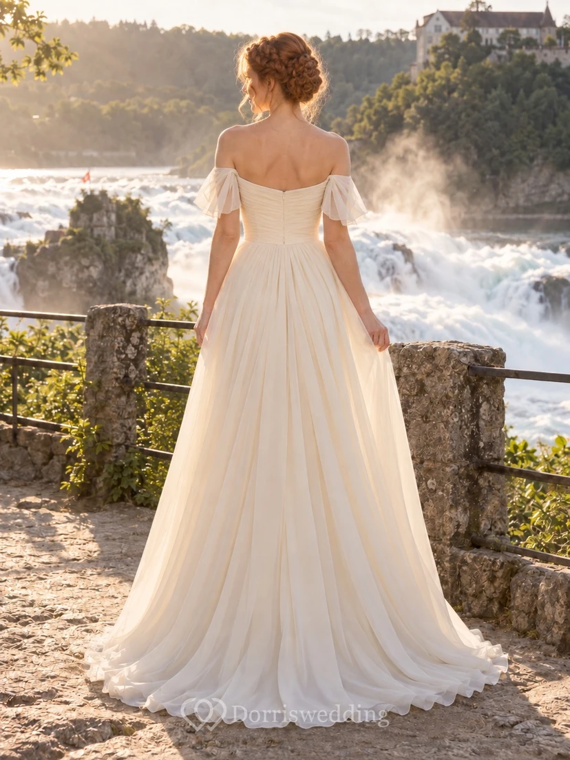 Vestido de novia romántico de gasa satinada con hombros descubiertos, corte en A, sin mangas, fruncido y cola larga view 2