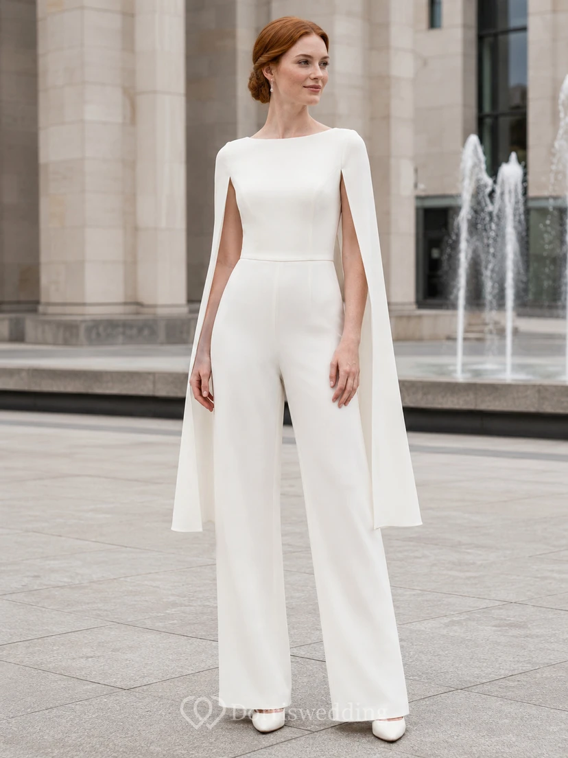 Courthouse Bridal Bateau Neck Cape Jumpsuit Wedding Dress