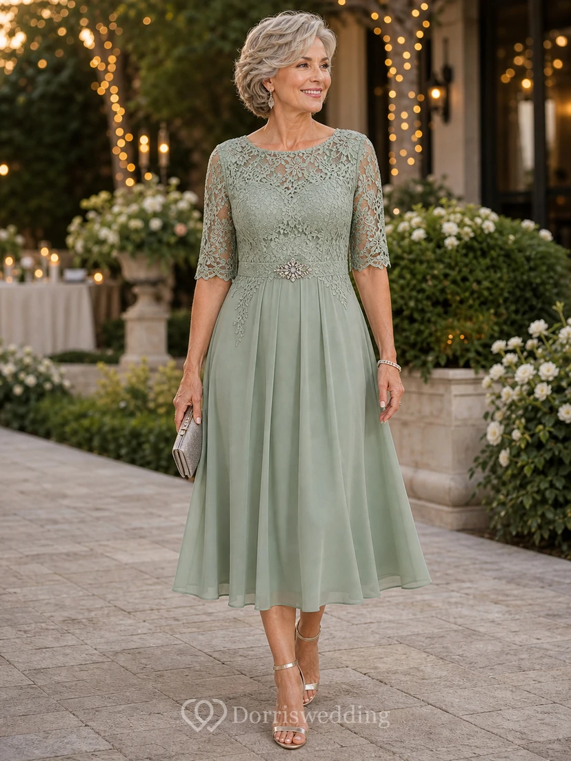 Sage Tea Length Crystal Brooch Mother Dress Sage Bateau Jewel A-Line Tea-length view 6