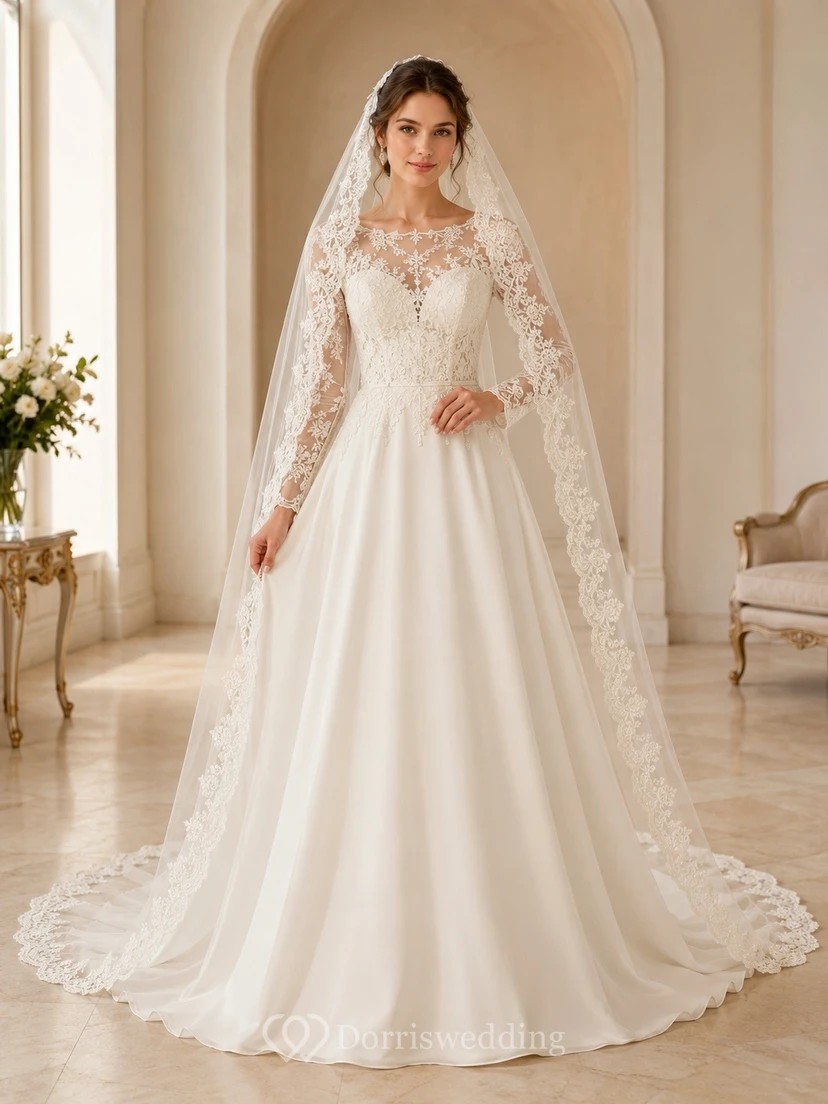 Vestido de novia de encaje con cola larga y corte en A