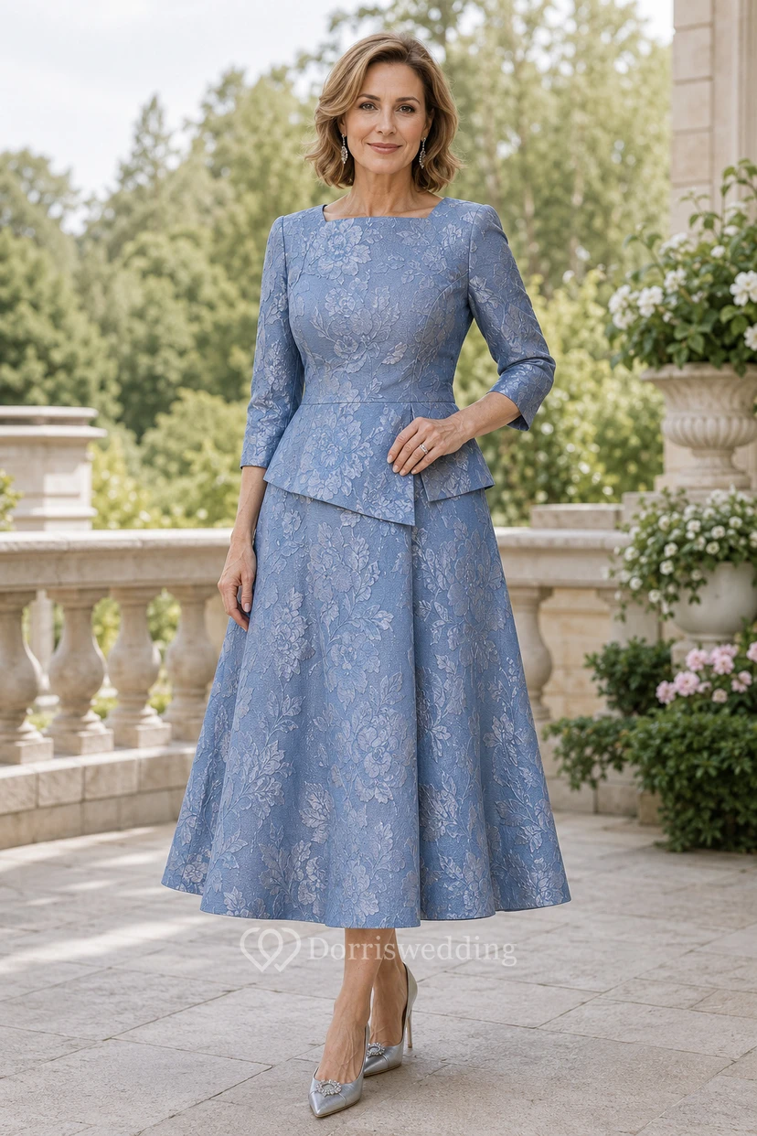 Robe de mère bleu acier, longueur thé, dentelle bateau, coupe trapèze, longueur thé