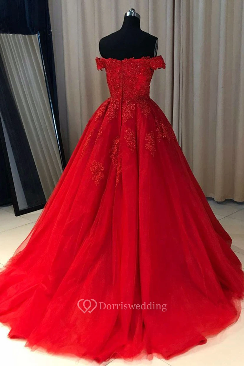 Ball Gown Lace Tulle Off-the-shoulder Short Sleeve Zipper Dress view 2