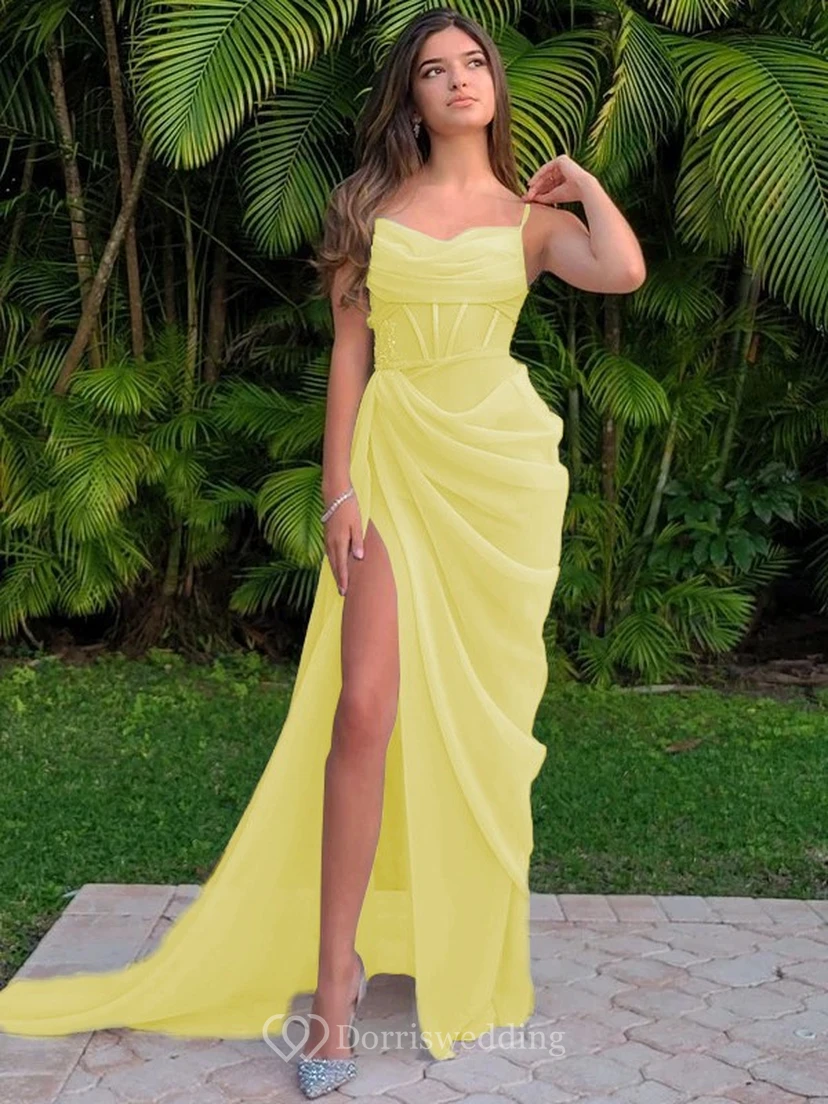 Spaghetti Ruched Sexy Front Split Sheath Side-ruched Prom Dress view 10