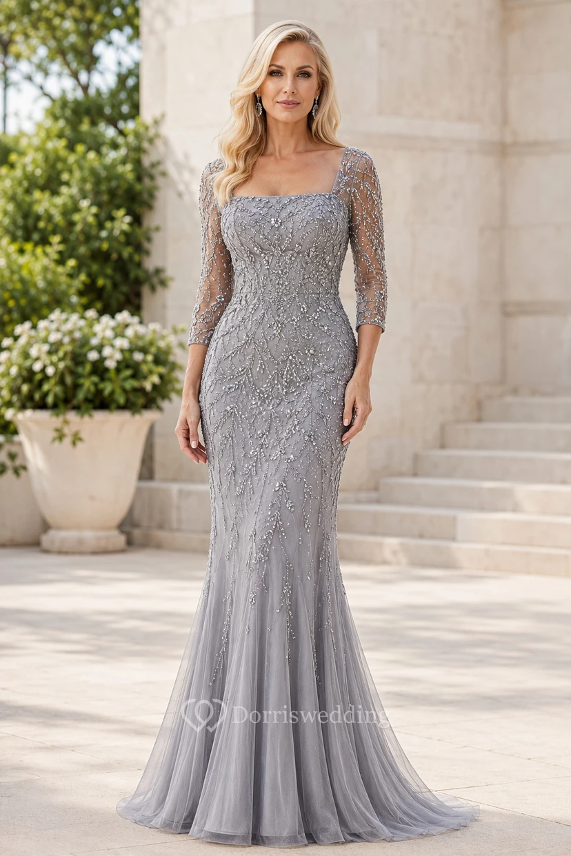 Robe sirène argentée à manches longues en dentelle et sequins pour la mère de la mariée