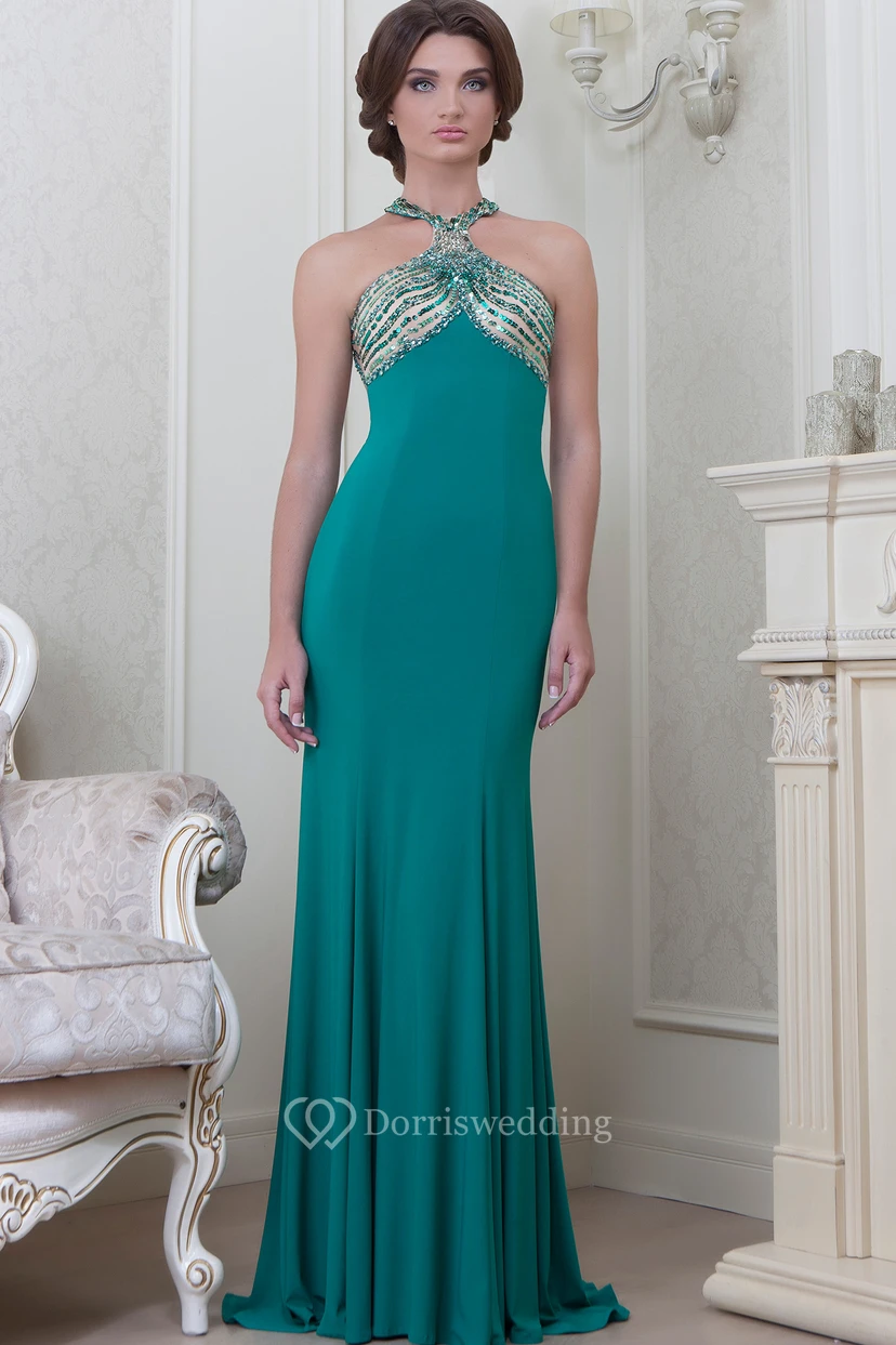 Sheath Beaded Sleeveless Haltered Long Jersey Evening Dress With Pleats