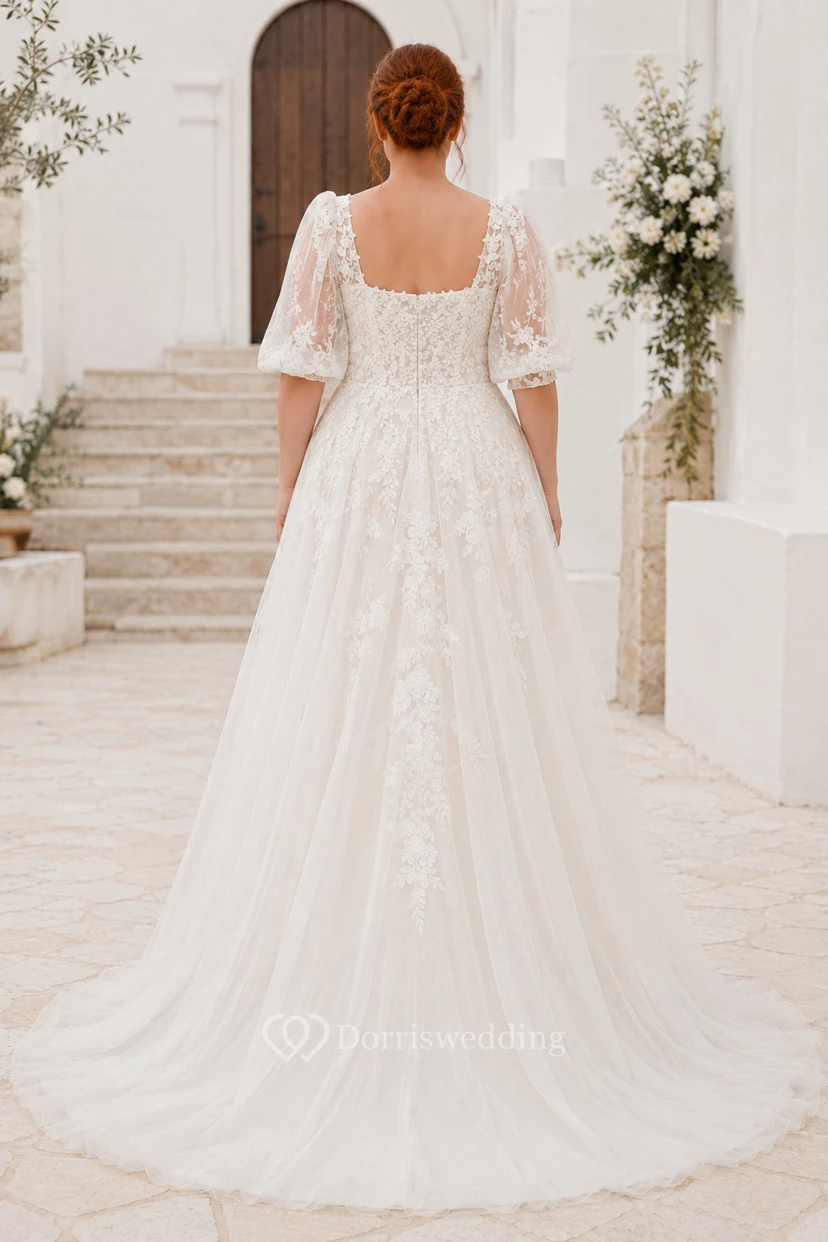 Plus Size Square Neck Puff Sleeve Lace A-Line Wedding Dress view 2