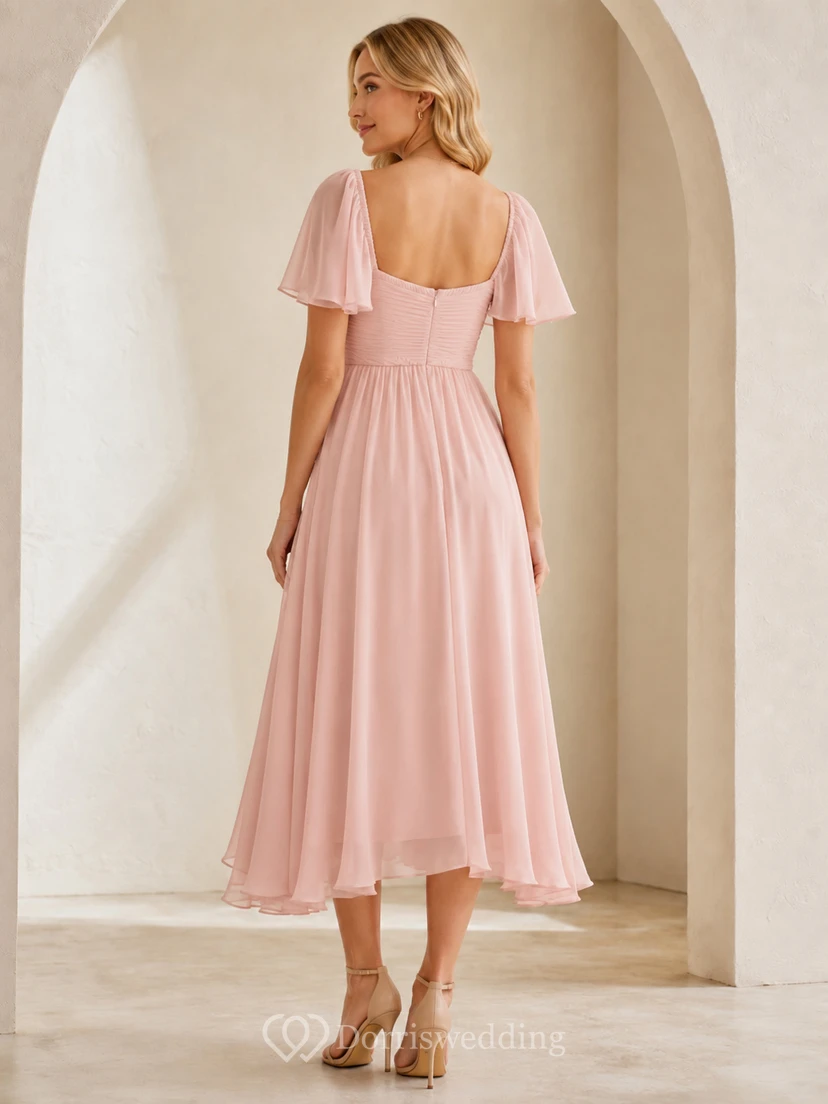 Robe de demoiselle d'honneur romantique en mousseline, longueur thé, col en V, manches courtes, style empire rose poudré view 2