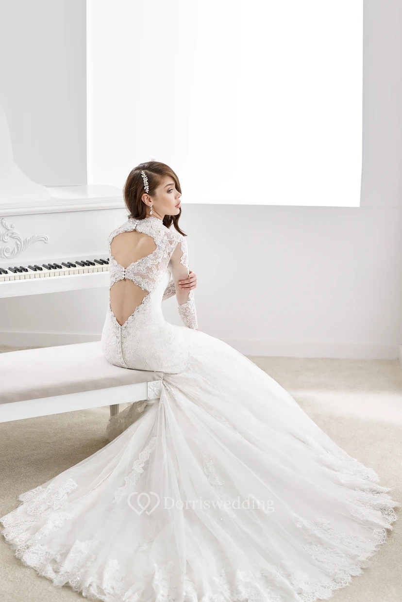 Long-Sleeve Keyhole-Bust Sheath Lace Wedding Dress With Mermaid Style And Keyholes Back view 2