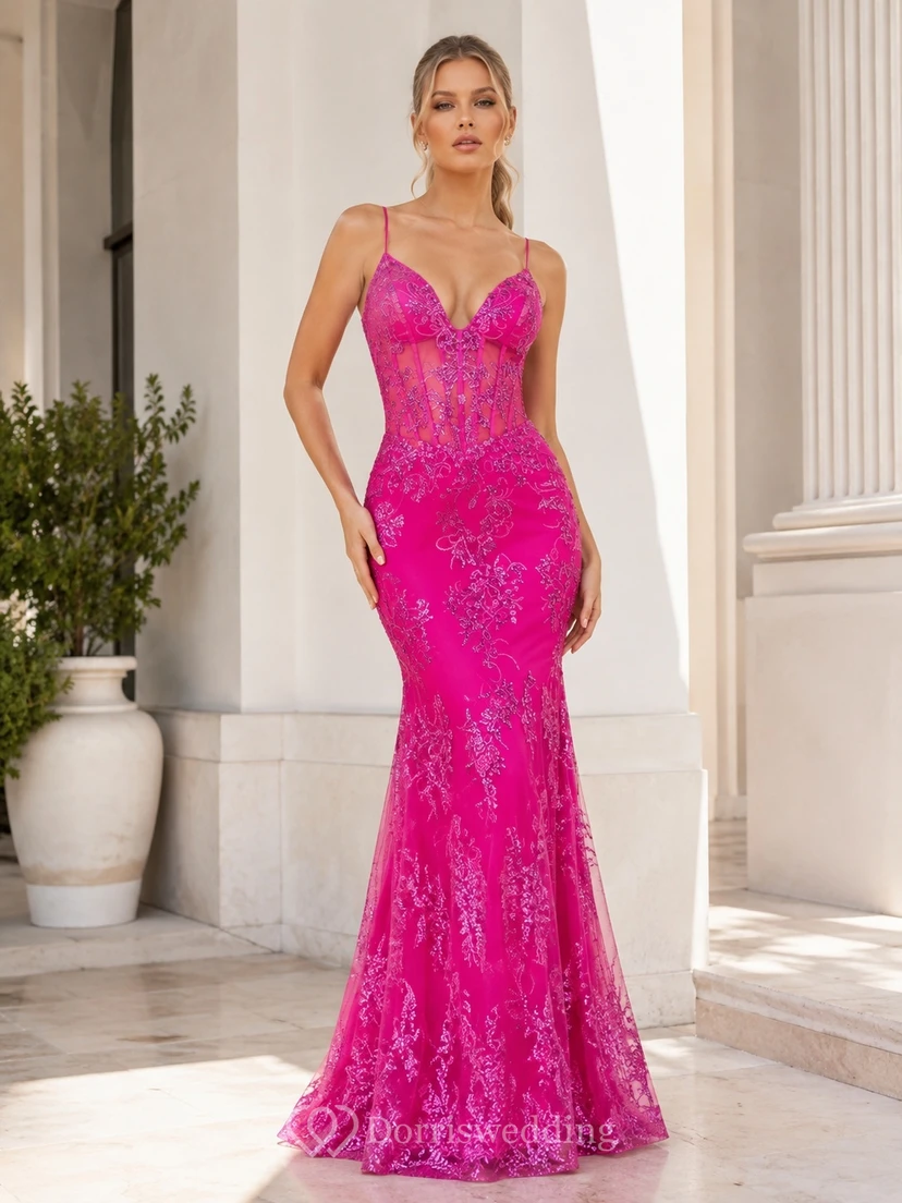 Fuchsiafarbenes, ärmelloses, bodenlanges, sexy Meerjungfrauen-/Trompeten-Kleid aus Spitze mit Herzausschnitt