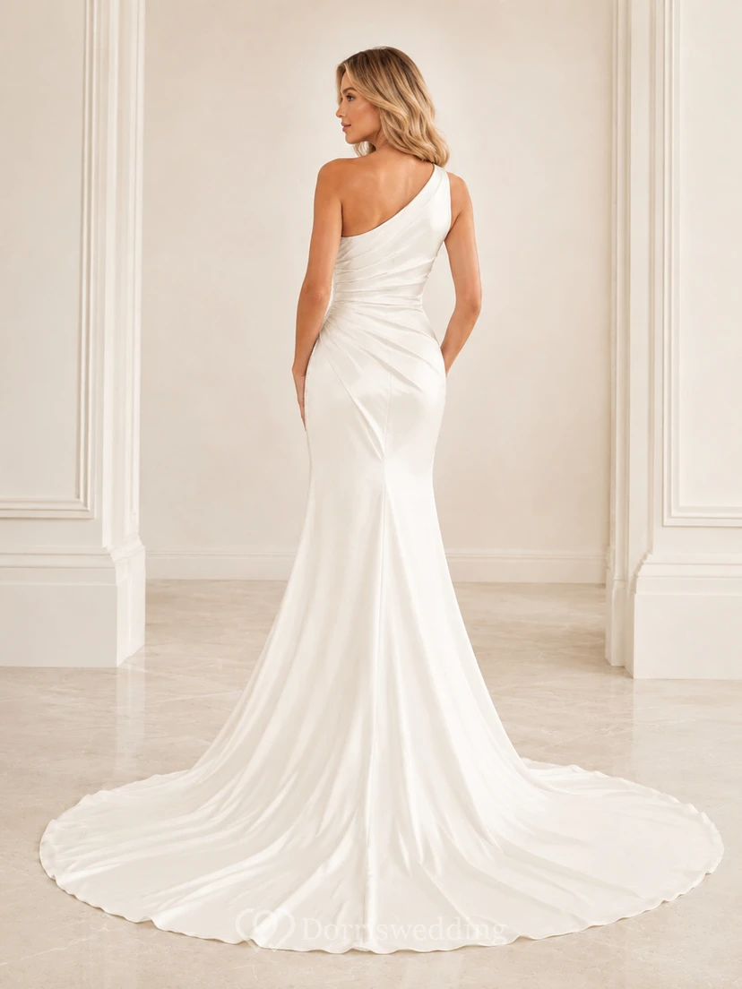 Satin Wedding Dress Mermaid One Shoulder Sleeveless Sweep Train with Slit Low V Back Bridal Gown view 2