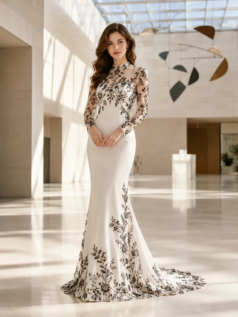 Robe de mariée sirène noire brodée à manches longues illusion