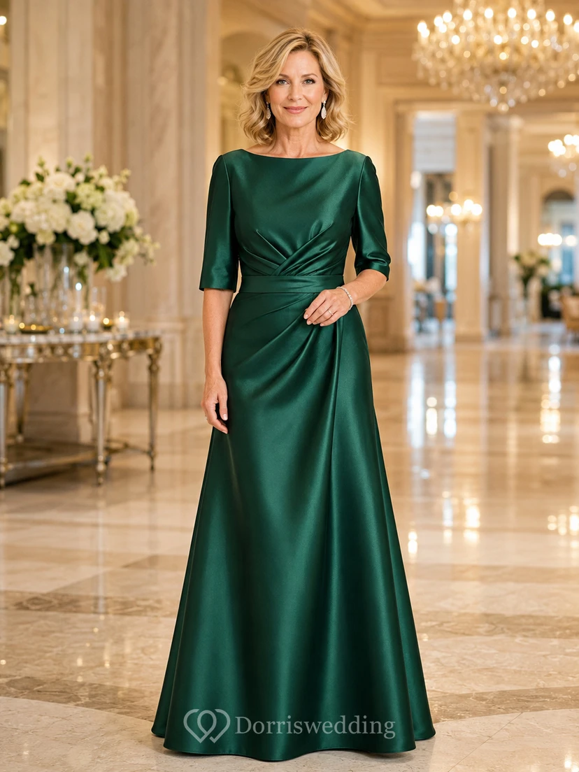 Emerald bateau neck satin A line mother formal gown