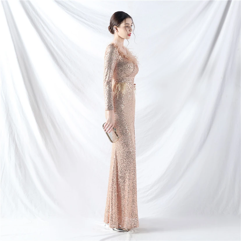 Craft-Made Ostrich Feather Long-Sleeved Beads Evening Dress view 59