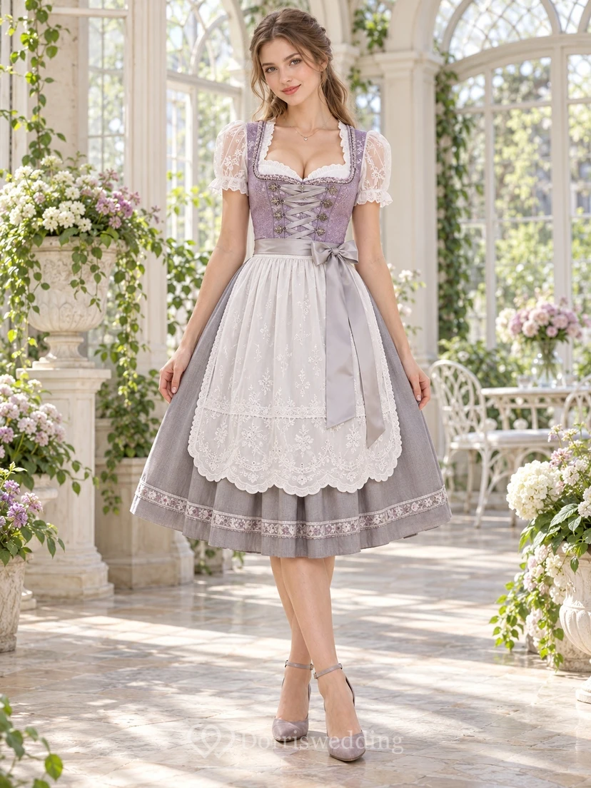 Vintage Mauve Sweetheart Lace Sleeve Scalloped Apron Dirndl Dress