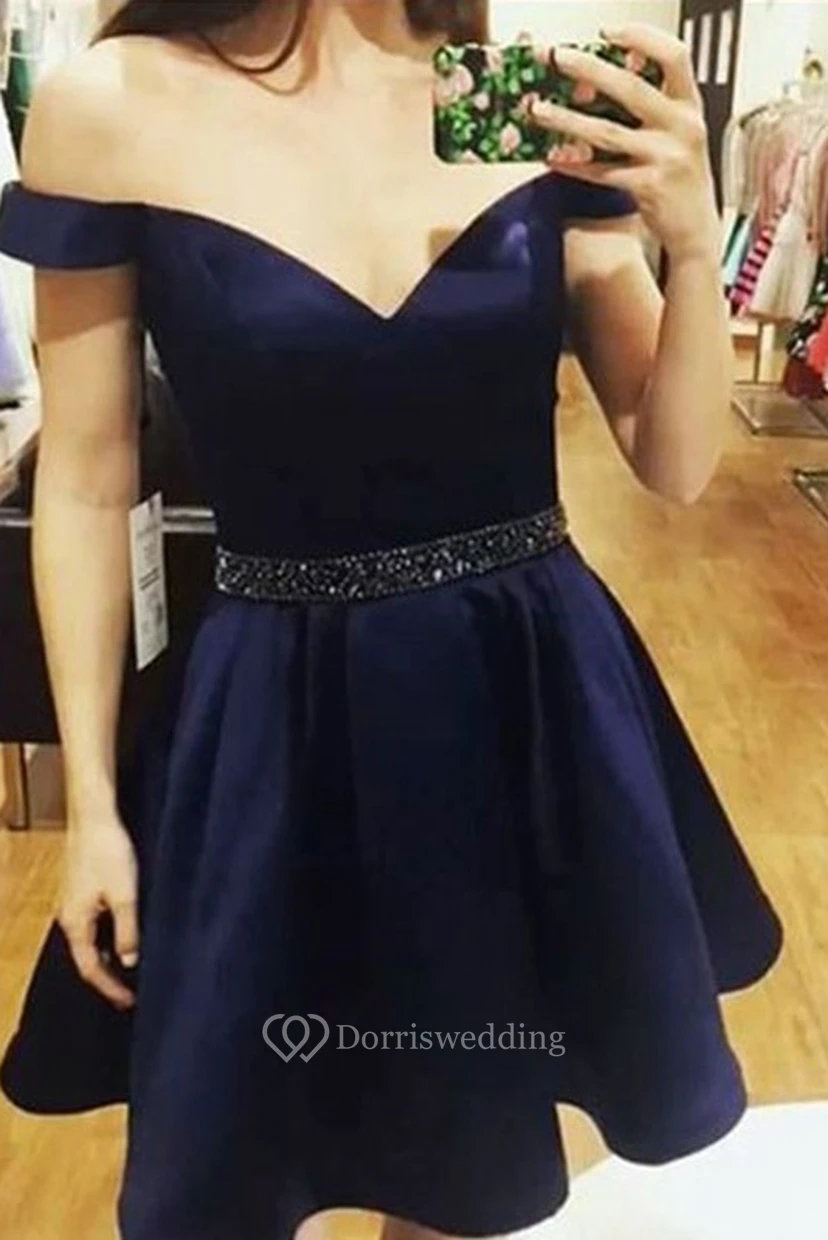 A-line Sleeveless Satin Off-the-shoulder Short Mini Homecoming Dress view 2