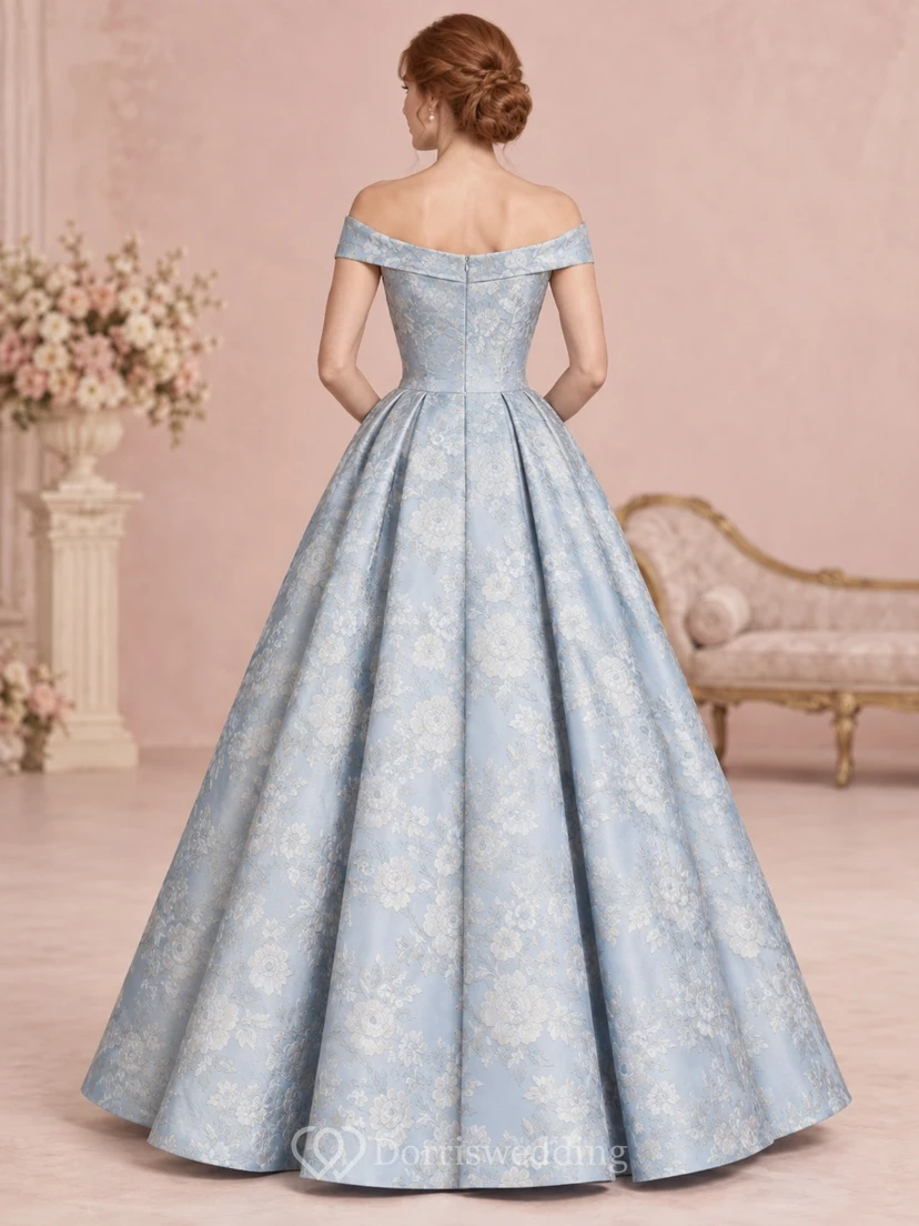 1960s Sky Blue Off Shoulder Pleated Jacquard Evening Ball Gown view 2