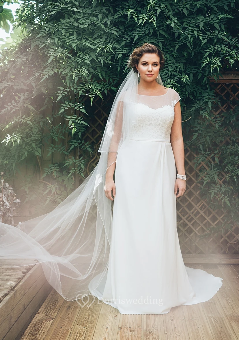 Sheath Floor-Length Bateau Neck Short Sleeve Chiffon Court Train Appliques Dress