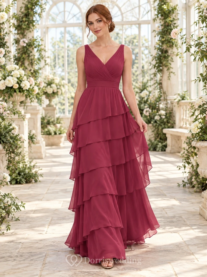 Vestido largo asimétrico de gasa con escote en V y corte en A, color frambuesa, para damas de honor.