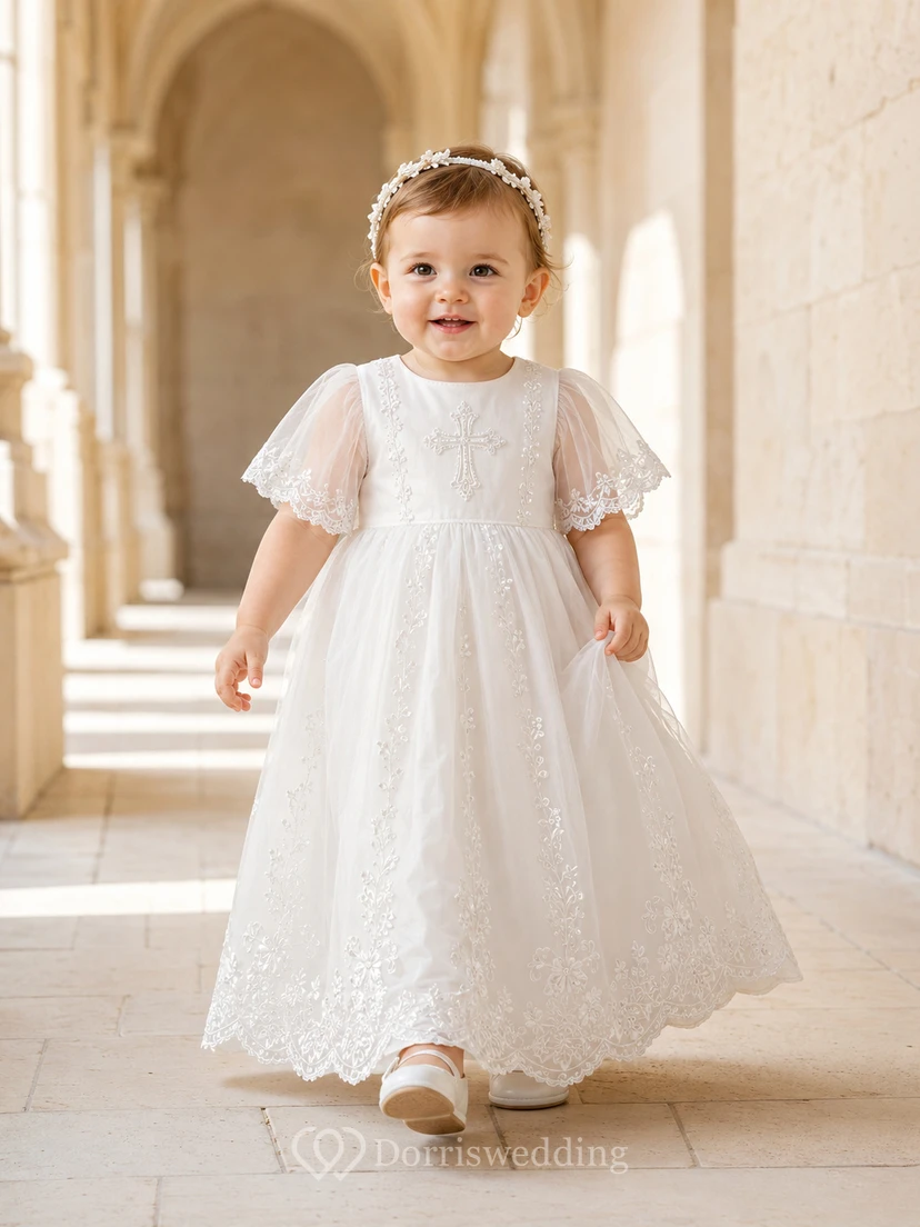 Cross Embroidered Baptism Dress A-Line Tulle Lace Jewel Neck Tea-Length view 2