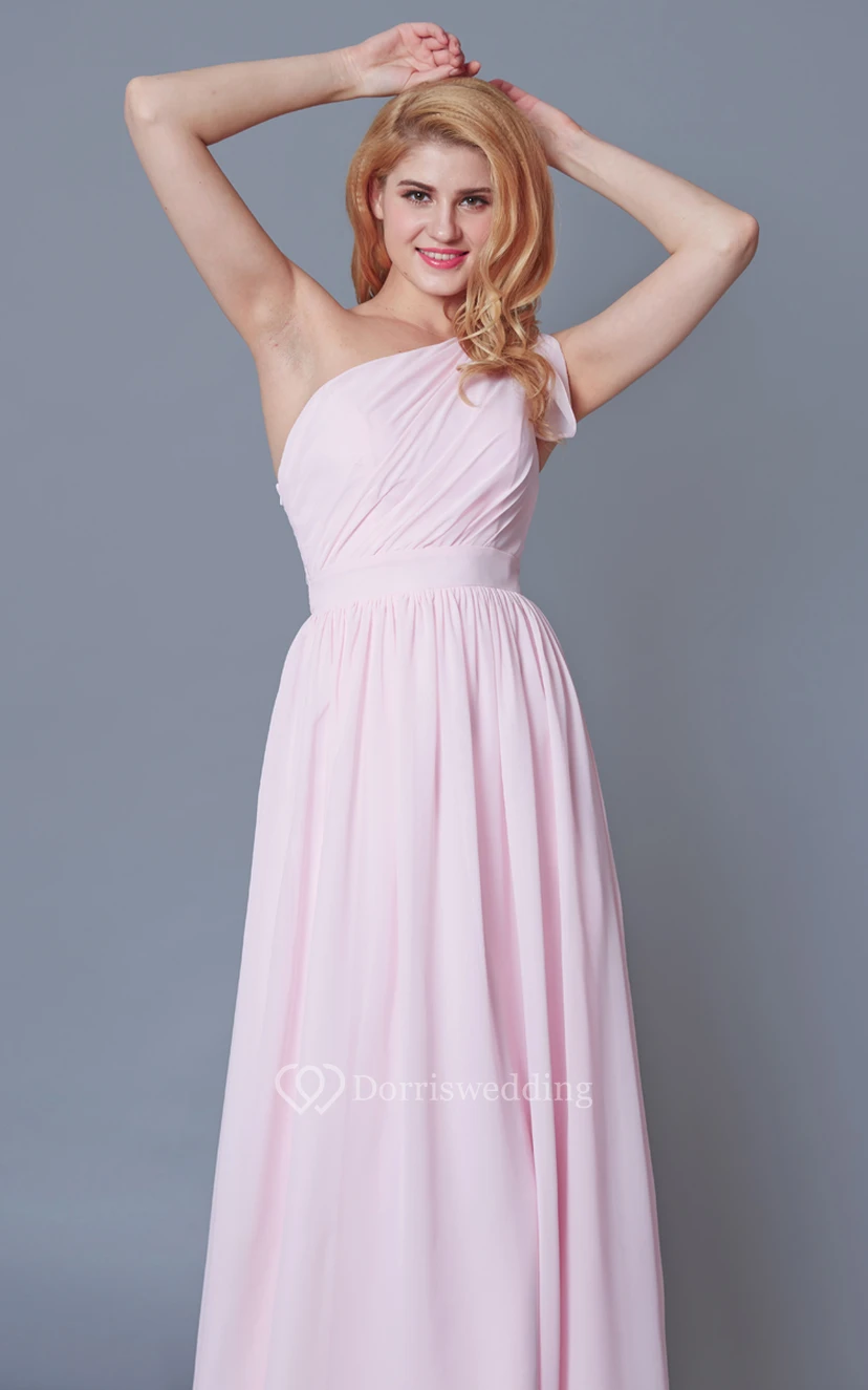 Simple Knotted One Shoulder Long Chiffon Dress With Pleats view 2