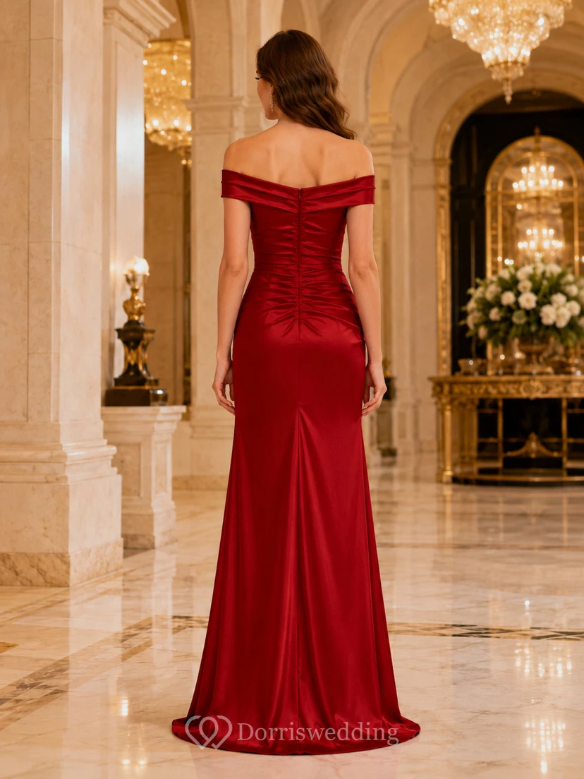 Red Off Shoulder Draped Satin Mermaid Evening Gown view 2