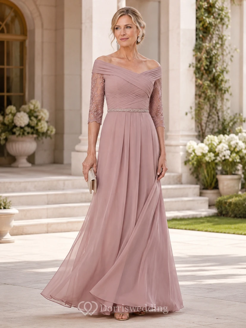 A-Line Off-the-Shoulder 3/4 Length Sleeve Chiffon Mother Dress with Ruching